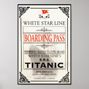 Poster Carte d'embarquement RMS Titanic White Star