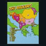 Poster Carte des Balkans illustrée par Pop Art<br><div class="desc">Carte stylisée de la région des Balkans,  avec une esthétique pop art aux contours audacieux et un arrière - plan pointillé. La carte est divisée en 13 régions numérotées,  chacune représentant un pays différent.</div>