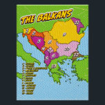 Poster Carte des Balkans illustrée par Pop Art<br><div class="desc">Carte stylisée de la région des Balkans,  avec une esthétique pop art aux contours audacieux et un arrière - plan pointillé. La carte est divisée en 13 régions numérotées,  chacune représentant un pays différent.</div>