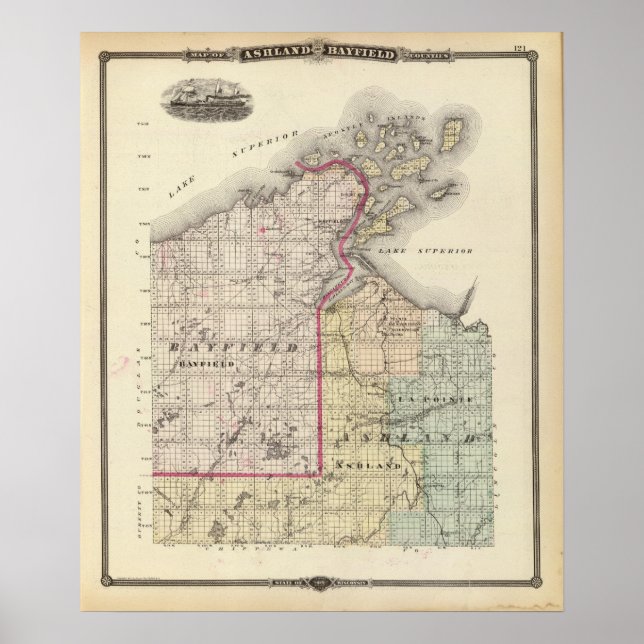 Poster Carte des comtés d'Ashland et de Bayfield (Devant)