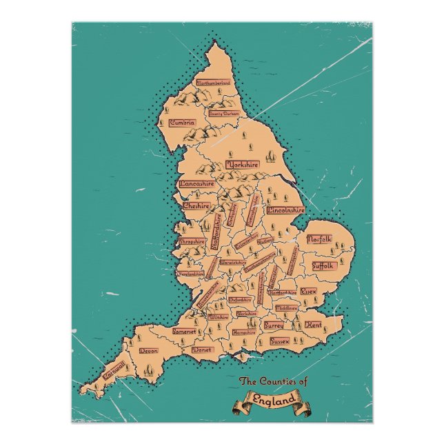 Poster Carte des comtés vintage d'Angleterre (Devant)