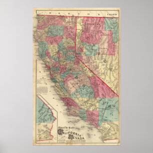 Poster Carte des états de la Californie et du Nevada
