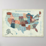 Poster Carte des États-Unis avec les États en mots<br><div class="desc">© Michael Mullan / Wild Apple. L'image montre une carte des Etats-Unis avec les états écrits de manière moderne. Chaque état est écrit de telle manière qu'il s'insère dans la carte.</div>