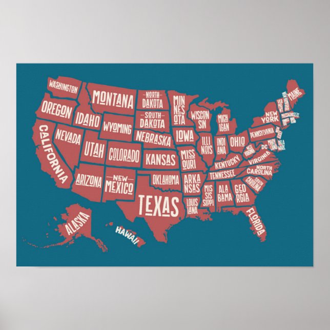 Poster Carte des États-Unis | Typographie (Devant)