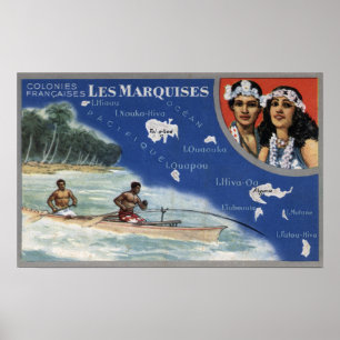 Poster Carte des îles, autochtones en canoë
