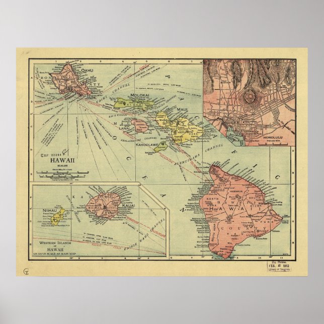 Poster Carte des îles Hawaii 1912 (Devant)