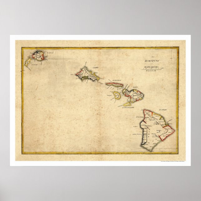 Poster Carte des îles Hawaiiennes par Kalama 1837 (Devant)