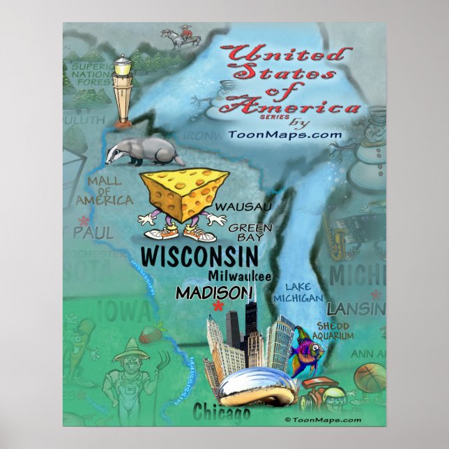 Poster Carte des loisirs du Wisconsin (Devant)