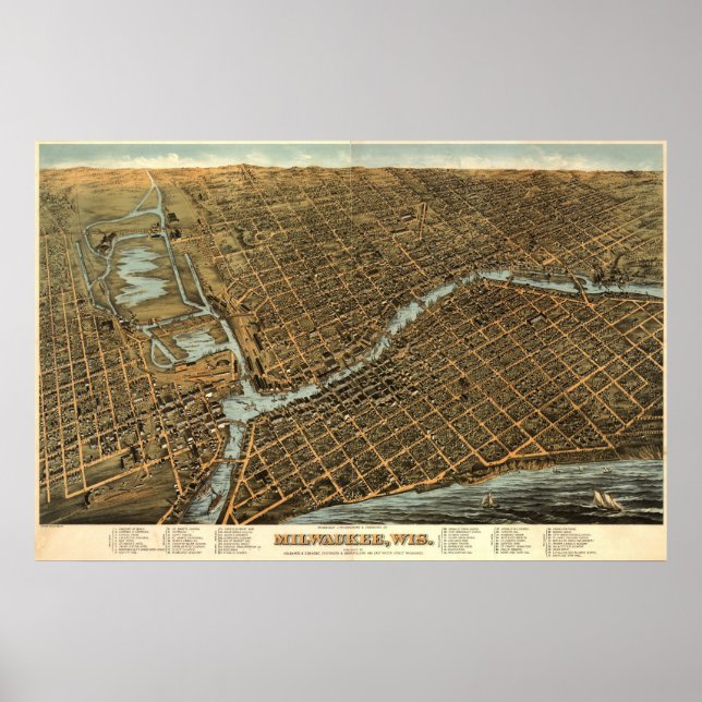 Poster Carte des oiseaux de Milwaukee - 1872 (Bailey) Big (Devant)