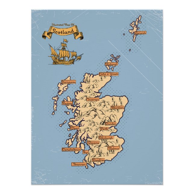 Poster Carte des voyages illustrée de l'Écosse (Devant)