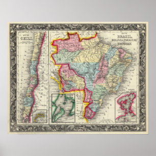 Poster Carte Du Brésil, Bolivie, Paraguay Et Uruguay