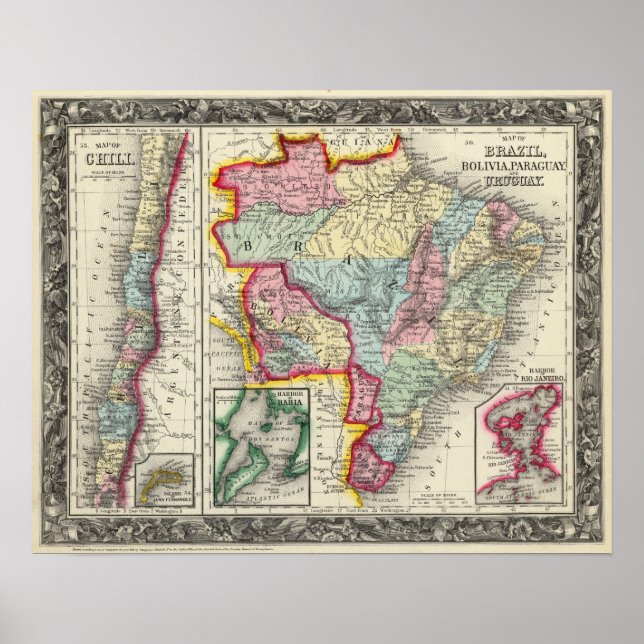 Poster Carte Du Brésil, Bolivie, Paraguay Et Uruguay (Devant)