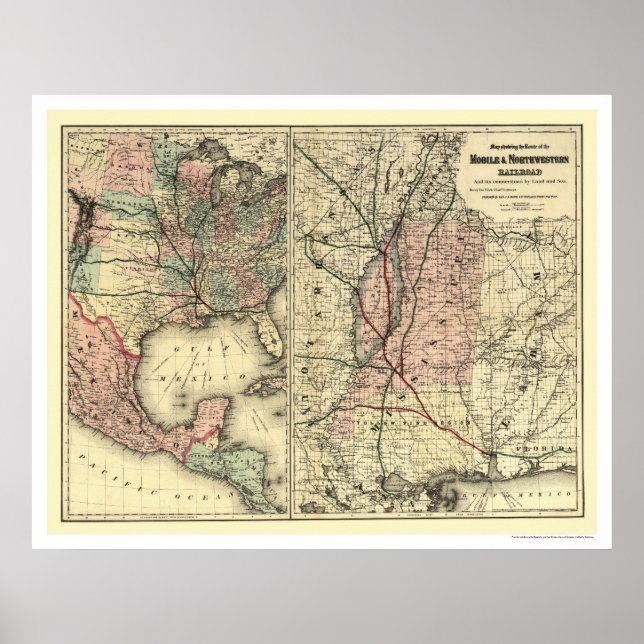 Poster Carte du chemin de fer mobile et Northwestern 1871 (Devant)