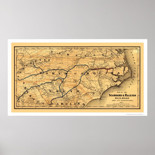 Poster Carte du chemin de fer Seaboard & Raleigh 1874 (Devant)
