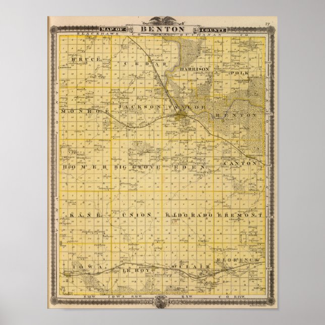 Poster Carte du comté de Benton, État de l'Iowa (Devant)