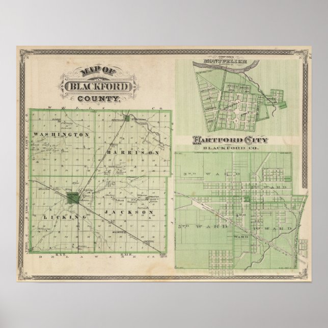 Poster Carte du comté de Blackford avec Montpelier (Devant)