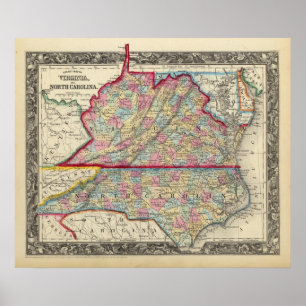 Poster Carte du comté de la Virginie, et de la Caroline