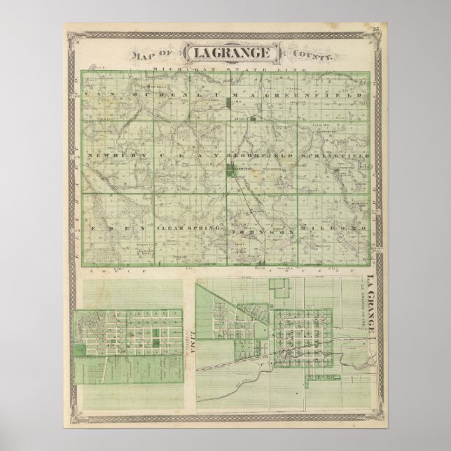 Poster Carte du comté de Lagrange avec La Grange, Lima (Devant)