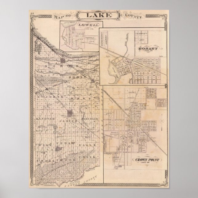 Poster Carte du comté de Lake avec Lowell (Devant)