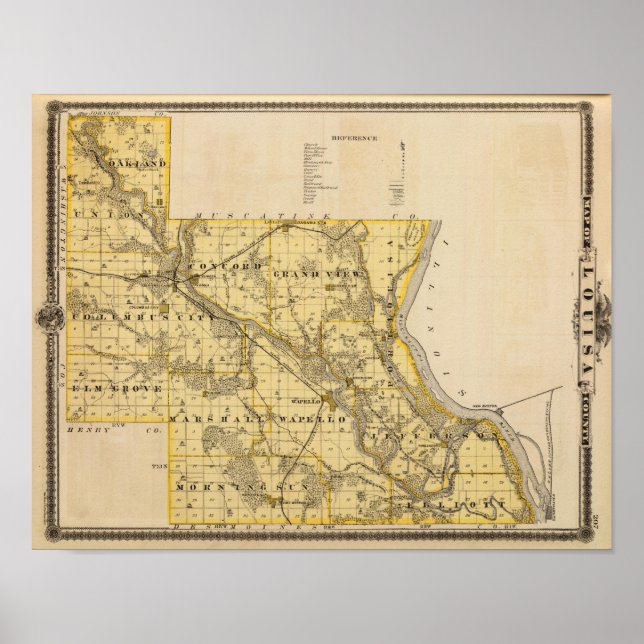 Poster Carte du comté de Louisa, État de l'Iowa (Devant)