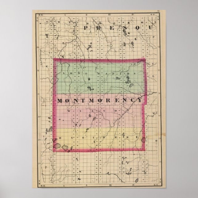 Poster Carte du comté de Montmorency, Michigan (Devant)