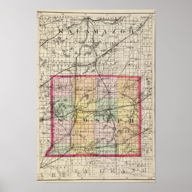 Poster Carte du comté de St Joseph, Michigan (Devant)