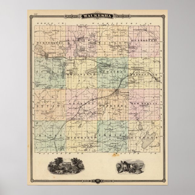 Poster Carte du comté de Waukesha, État du Wisconsin (Devant)