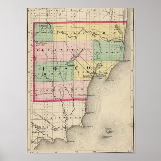 Poster Carte du comté d'Iosco, Michigan (Devant)