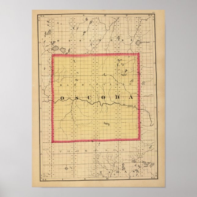 Poster Carte du comté d'Oscoda, Michigan (Devant)