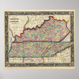 Poster Carte Du Comté Du Kentucky Et Du Tennessee