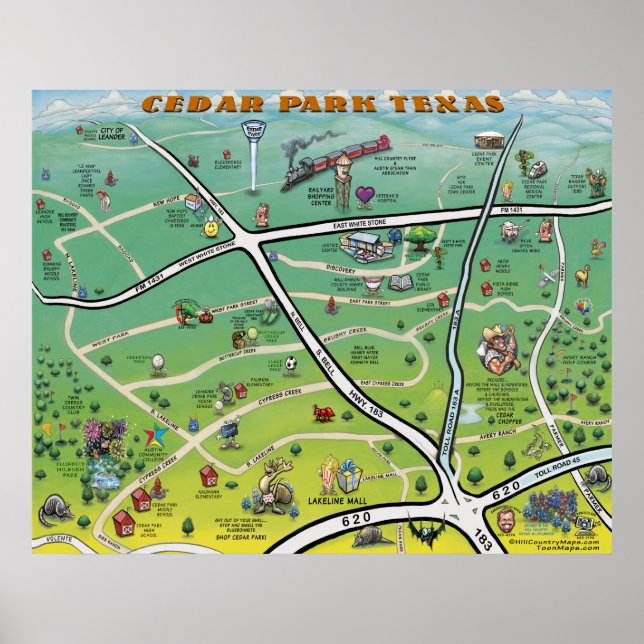 Poster Carte du dessin animé Cedar Park Texas (Devant)