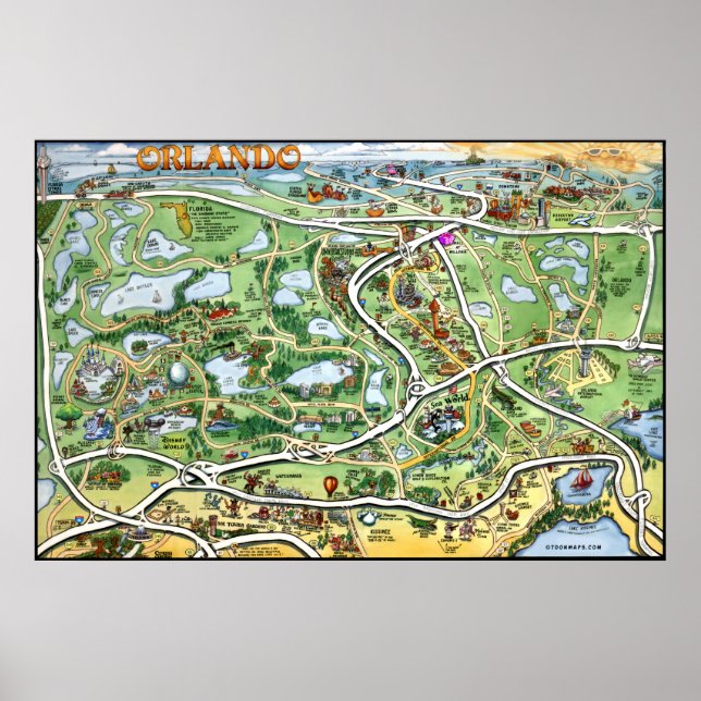 Poster Carte du dessin animé Orlando Florida (Devant)