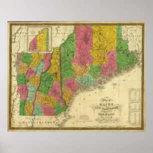 Poster Carte du Maine, du New Hampshire et du Vermont