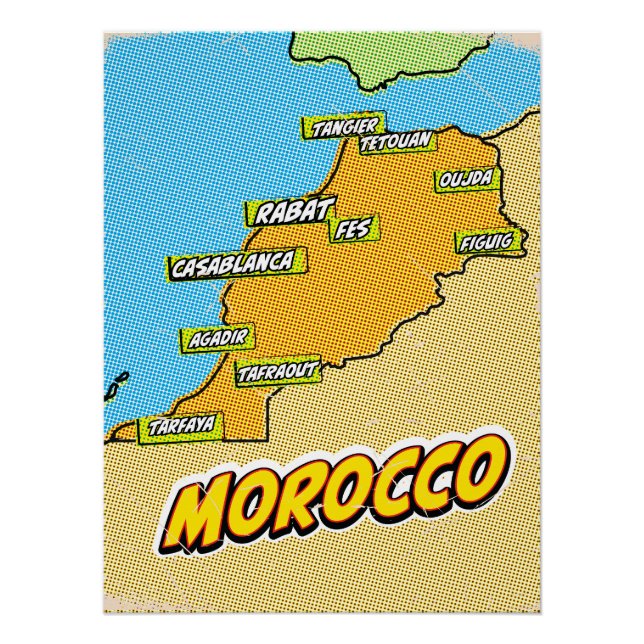 Poster Carte du Maroc illustrée dans le style Pop Art (Devant)
