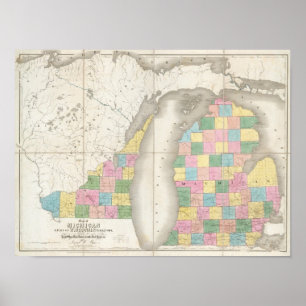 Poster Carte du Michigan et d'une partie du territoire du