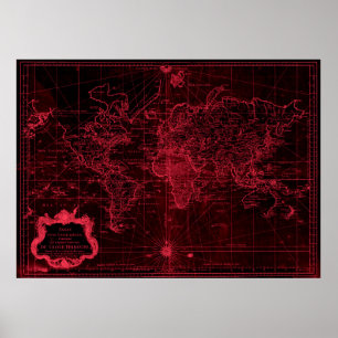 Poster Carte du monde (1778) Rouge noir et clair