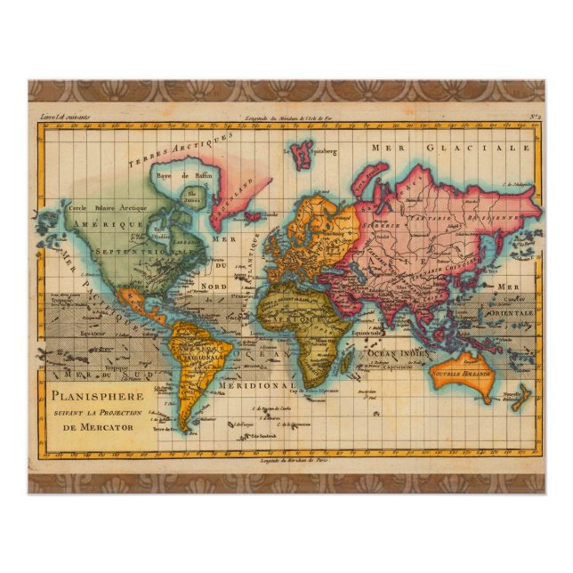 Poster Carte du Monde 1780 Bonne Antique Planisphère  (Devant)