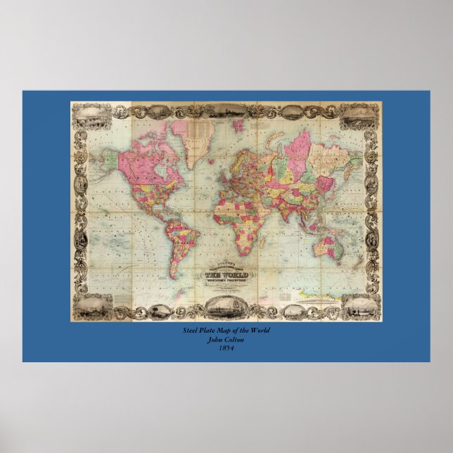 Poster Carte du monde antique par John Colton, vers 1854 (Devant)