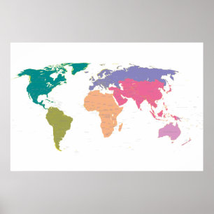 Poster Carte du monde colorée par continents