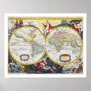 Poster Carte du Monde, début du 18ème siècle (gravure col