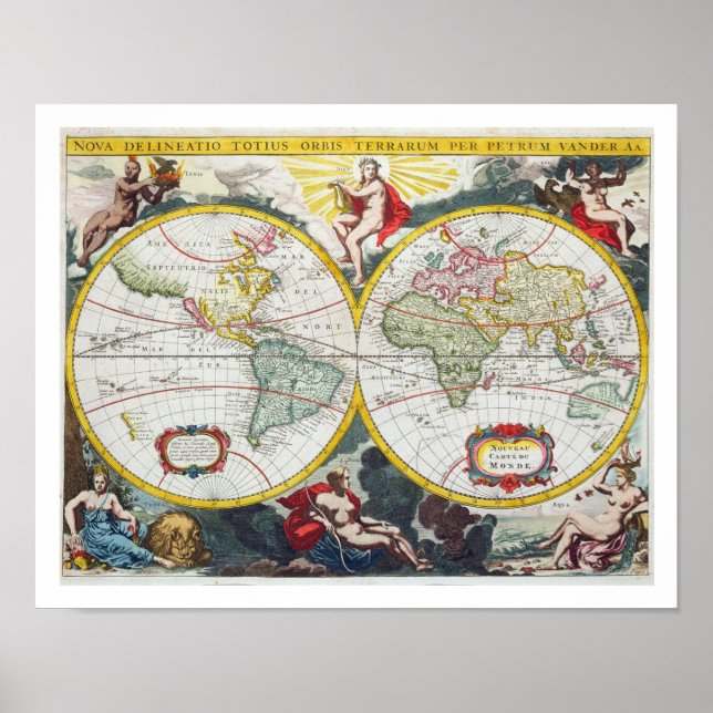 Poster Carte du Monde, début du 18ème siècle (gravure col (Devant)