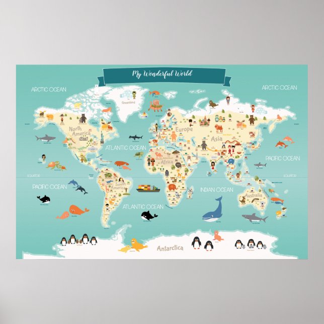 Poster Carte du monde des enfants avec des animaux et des (Devant)