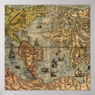 Poster Carte du monde Forlani Antiquev 1565 Renaissance