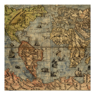 Poster Carte du monde Forlani Antiquev 1565 Renaissance