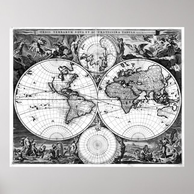 Poster Carte du monde noir et blanc (1690) (Devant)