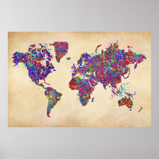 Poster Carte du monde, peinture à l'action (Devant)