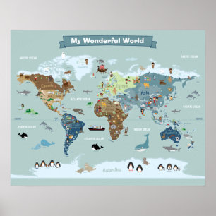 Poster Carte du monde pour enfants avec des animaux et de
