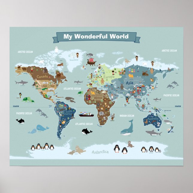 Poster Carte du monde pour enfants avec des animaux et de (Devant)
