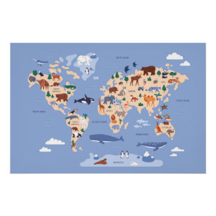 Poster carte du monde pour les enfants avec des animaux