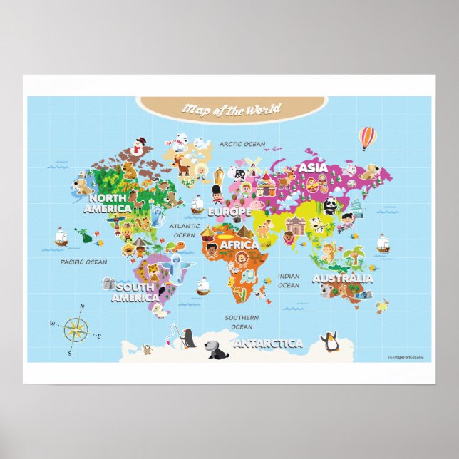 Poster Carte du monde pour les enfants - jolie et colorée (Devant)